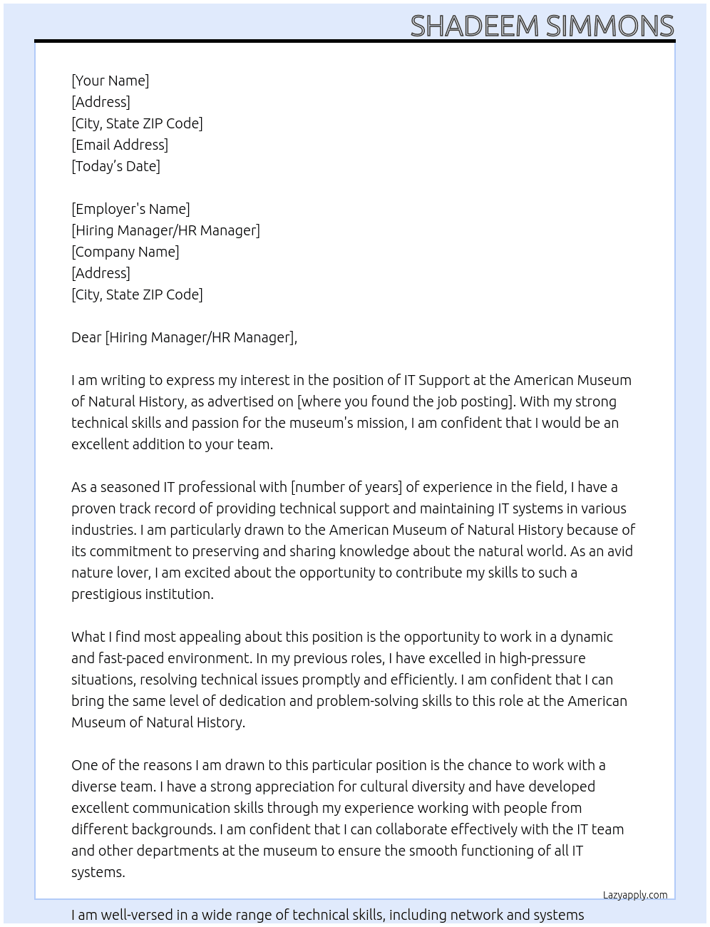 IT Support At American Museum of Natural History Cover Letter
