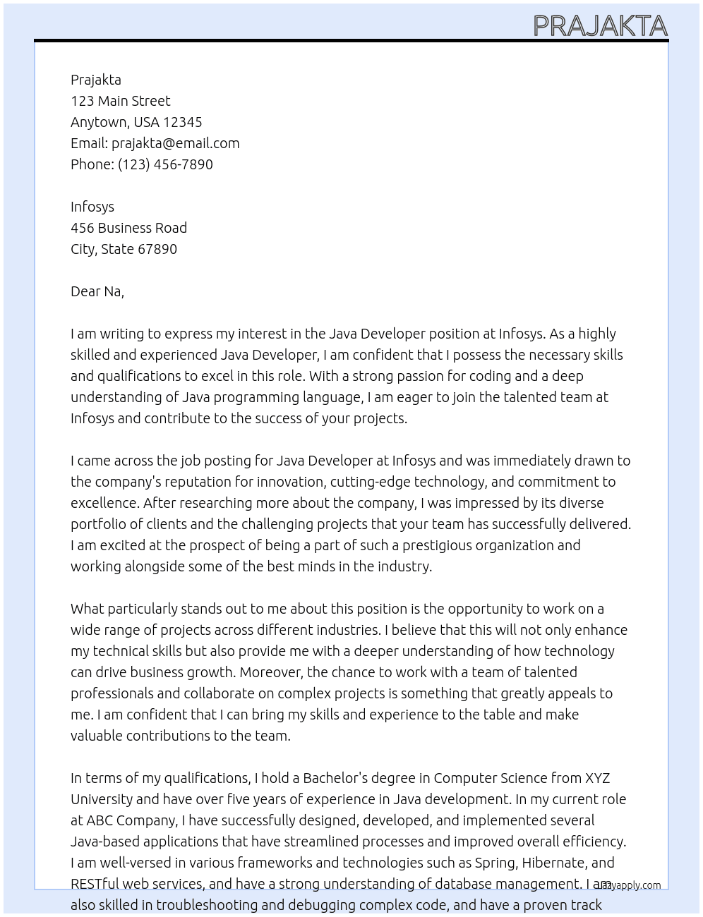 Cover letter for java devloper - LazyApply