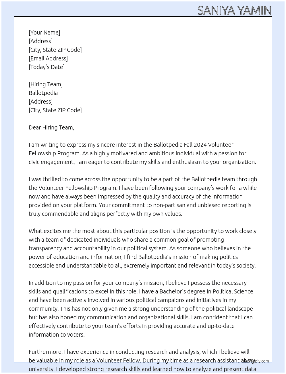Ballotpedia Fall 2024 Volunteer Fellowship Program At Ballotpedia  Cover Letter