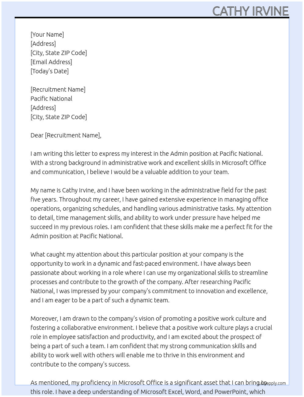 Admin  At Pacific national Cover Letter