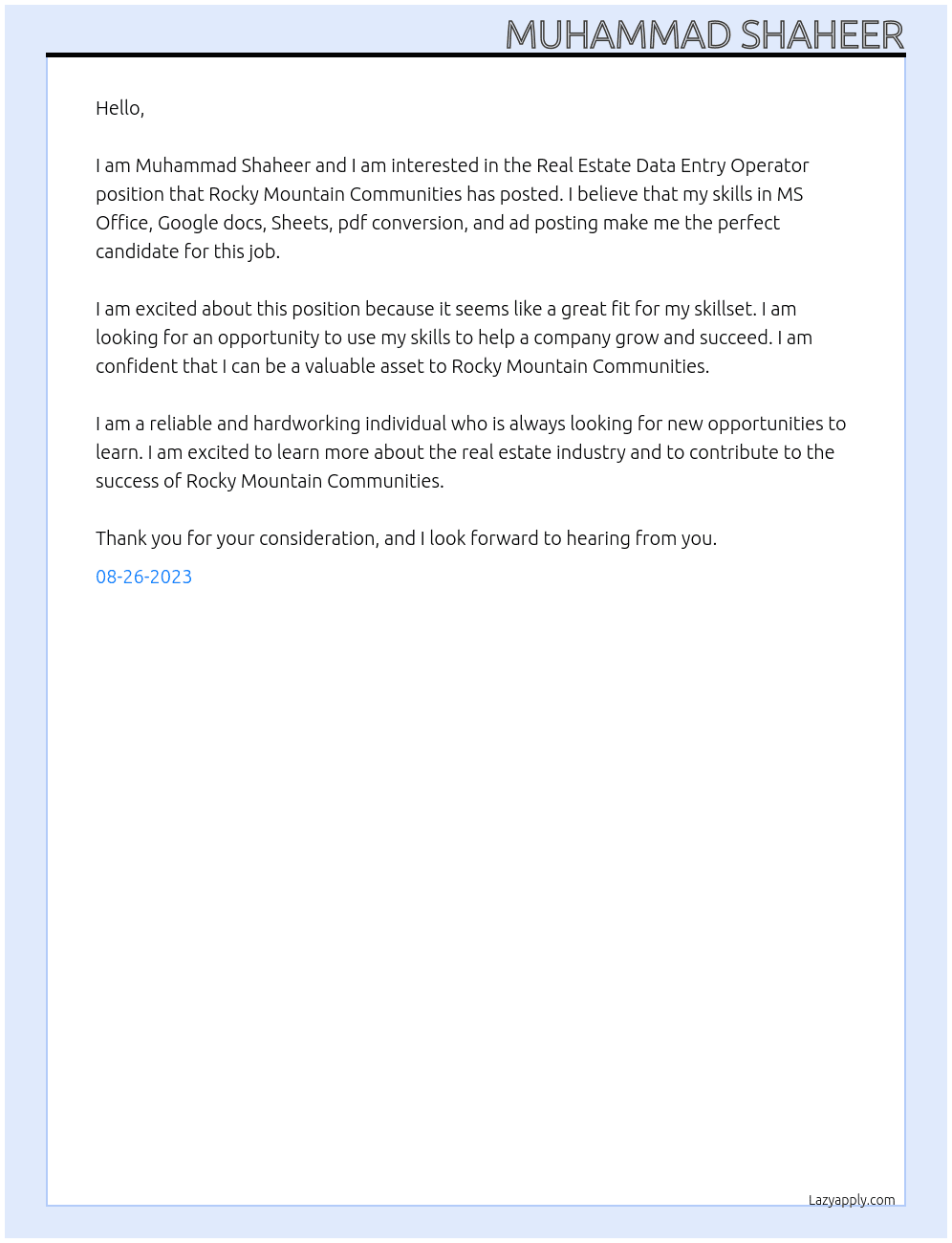 Real Estate Data Entry Operator At  Rocky Mountain Communities Cover Letter