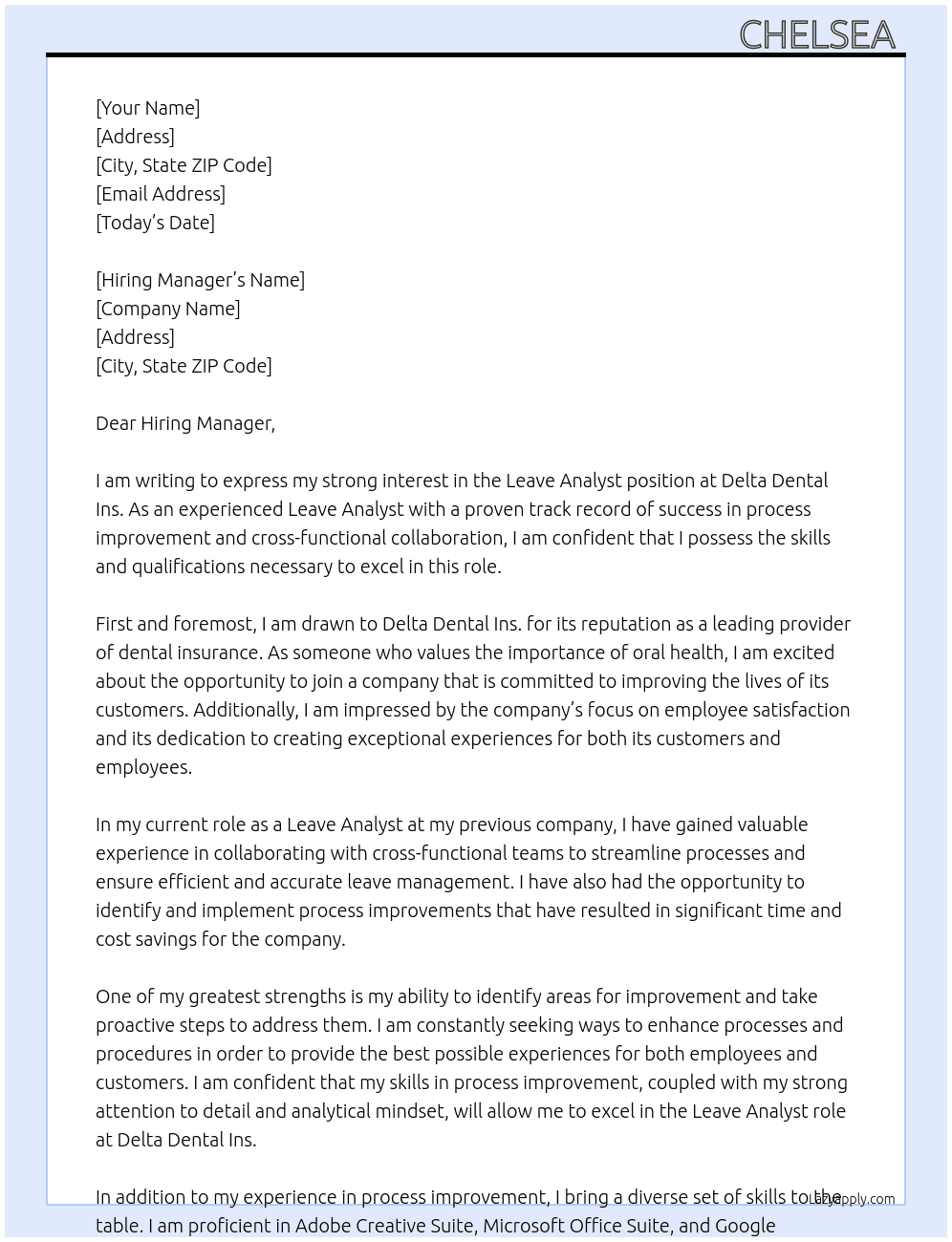 Leave Analyst  At Delta Dental Ins.  Cover Letter