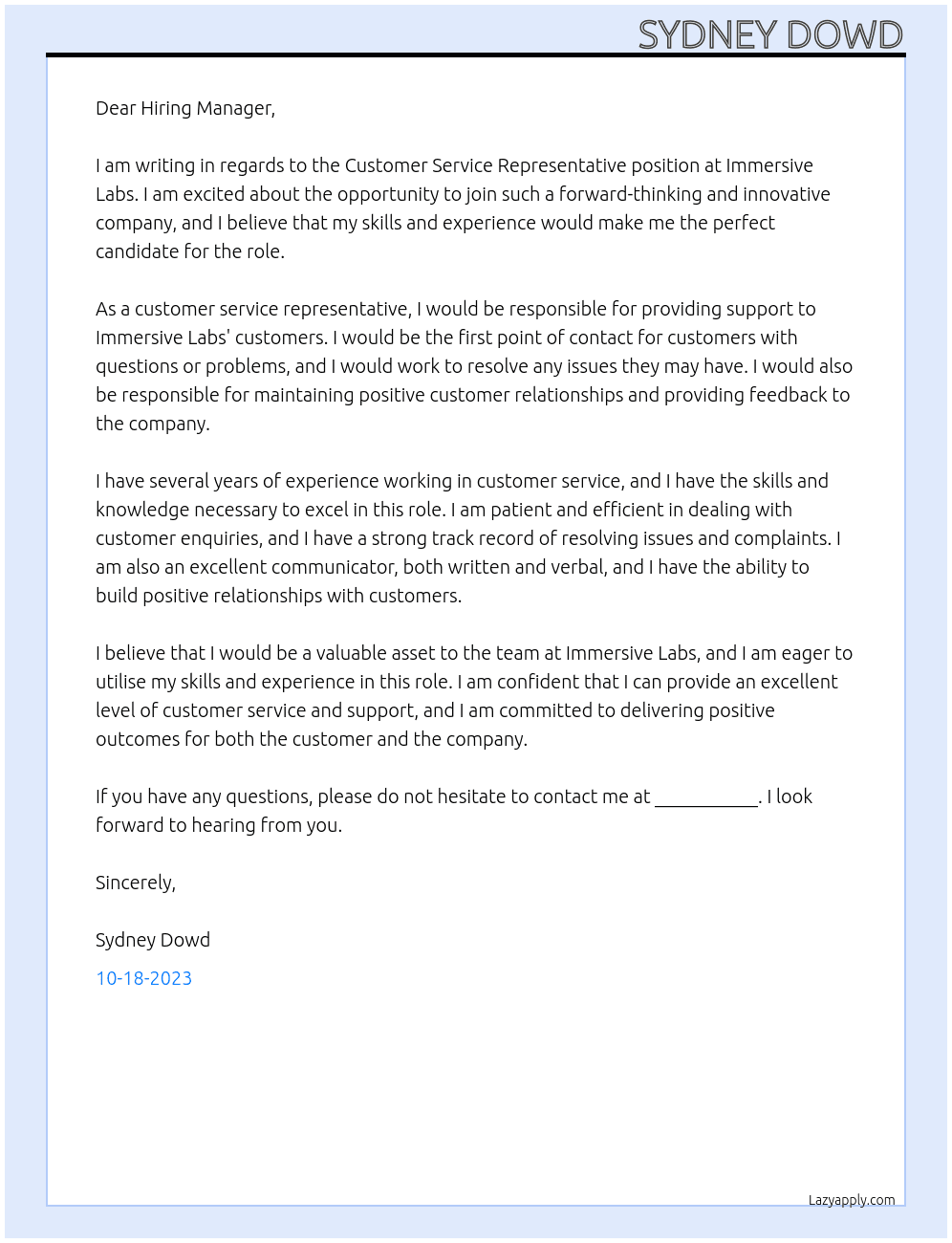 Customer Service Representative At Immersive Labs Cover Letter