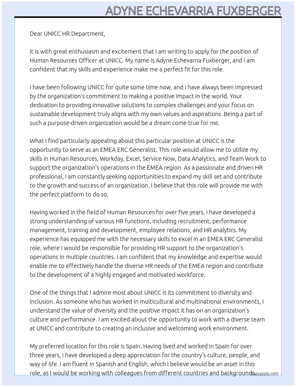 Human Resources Officer At UNICC Cover Letter