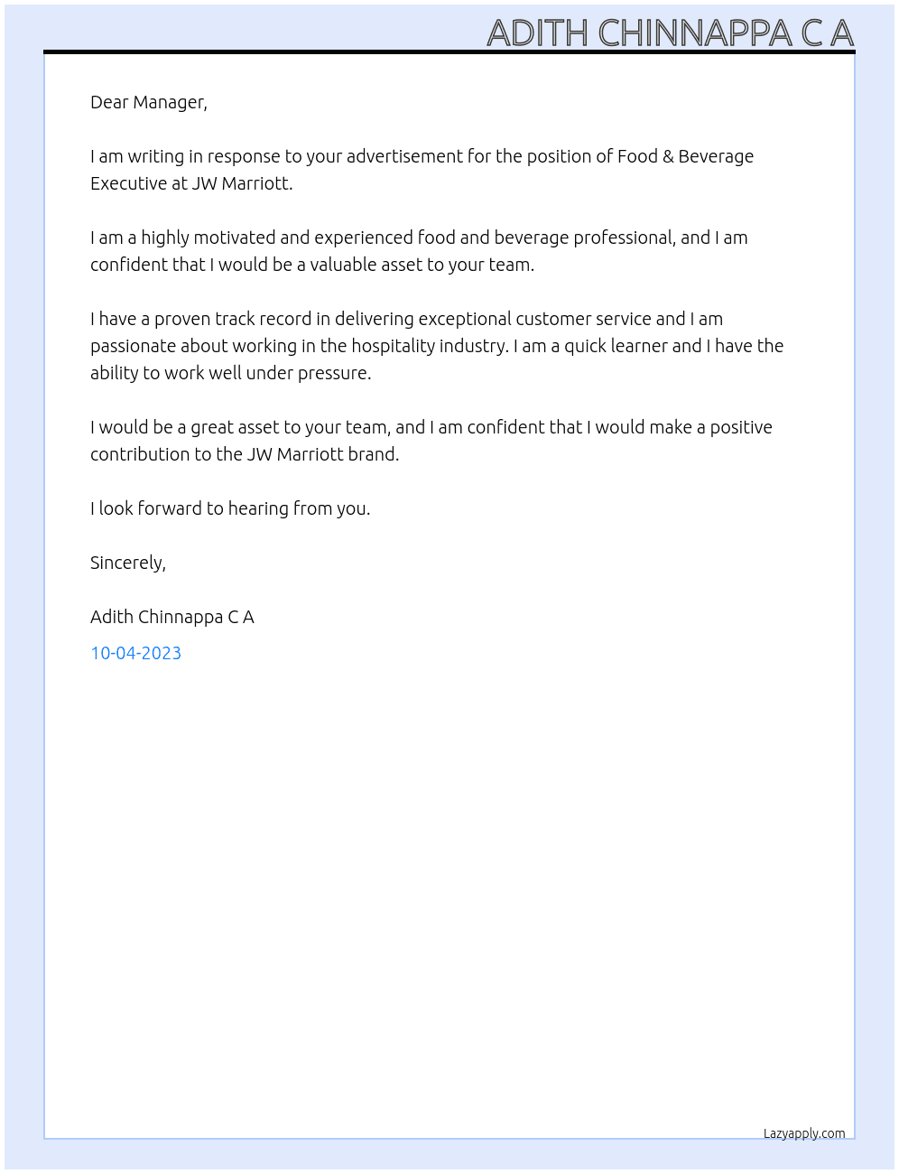 Food & Beverage Executive At JW MARRIOT Cover Letter