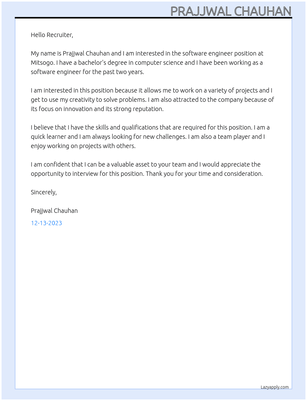 Software engineer At Mitsogo Cover Letter