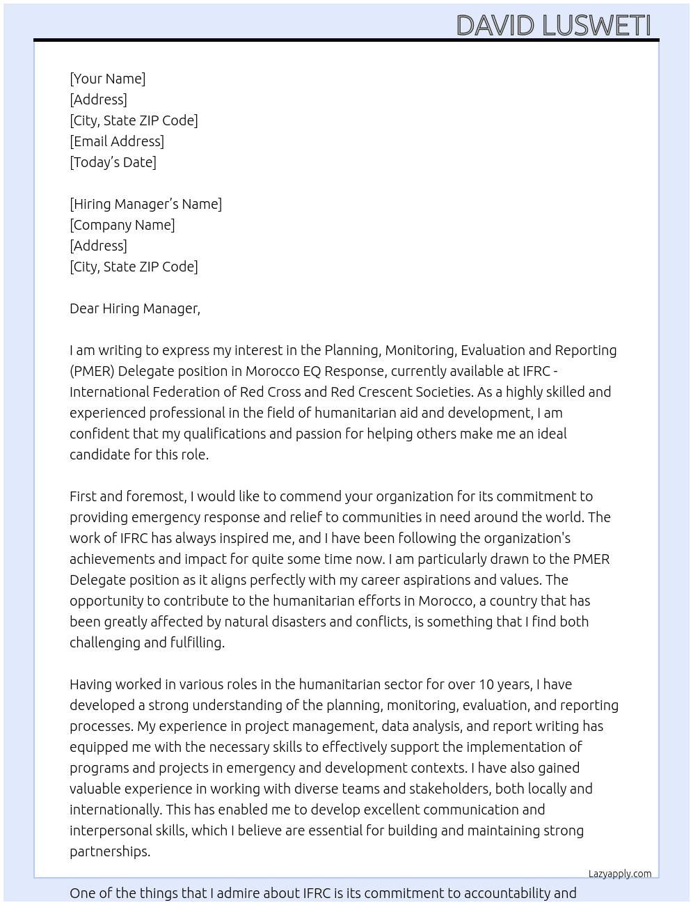 Planning, Monitoring, Evaluation and Reporting (PMER) Delegate - Morocco EQ Response At  IFRC - International Federation of Red Cross and Red Crescent Societies Cover Letter