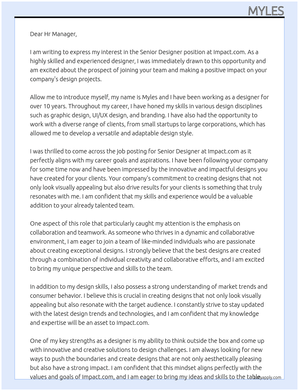 senior designer At Impact.com Cover Letter