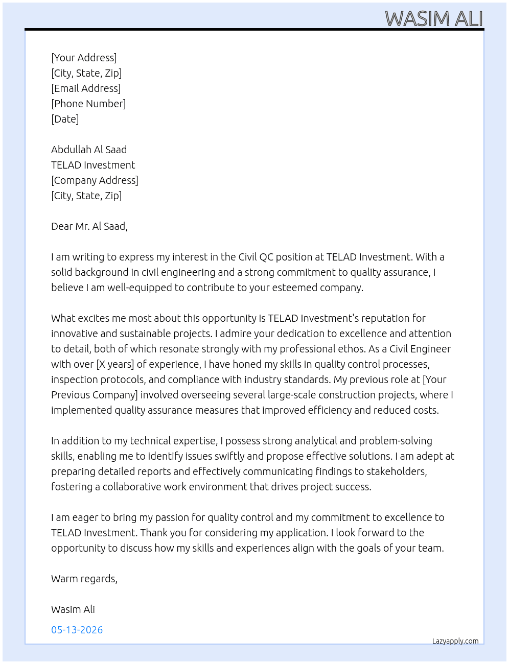 Civil QC  At TELAD investment  Cover Letter