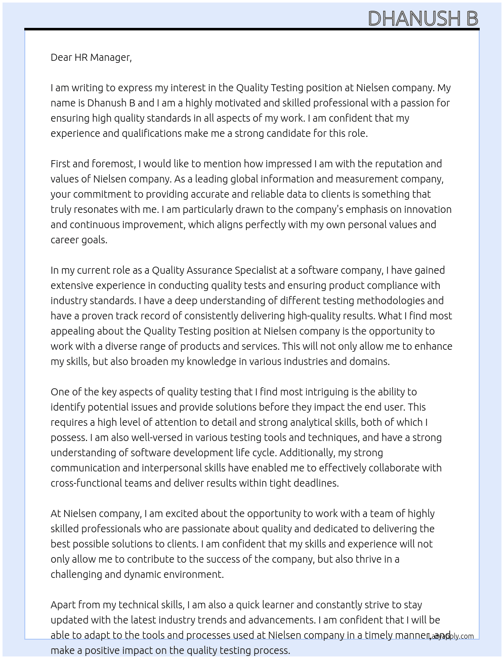 Quality testing At Nielsen company Cover Letter