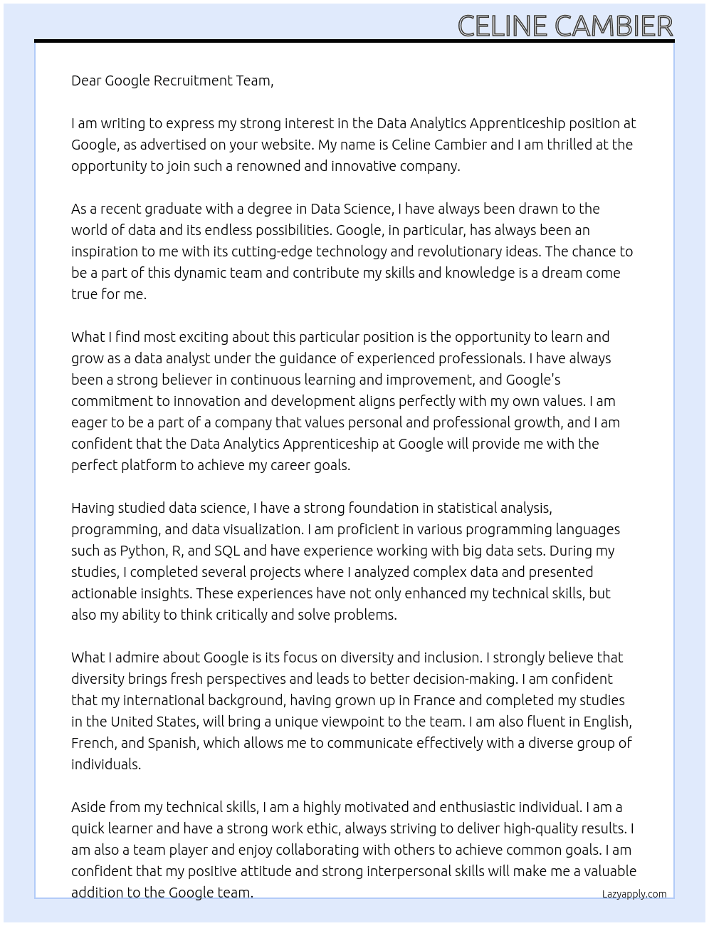 data analytics apprenticeship At Google Cover Letter