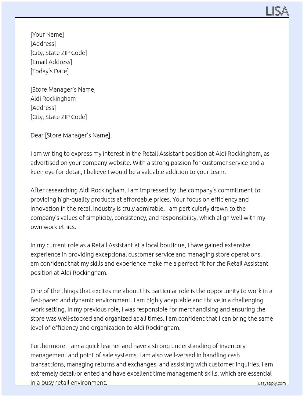 Retail Assistant At Aldi Rockingham Cover Letter