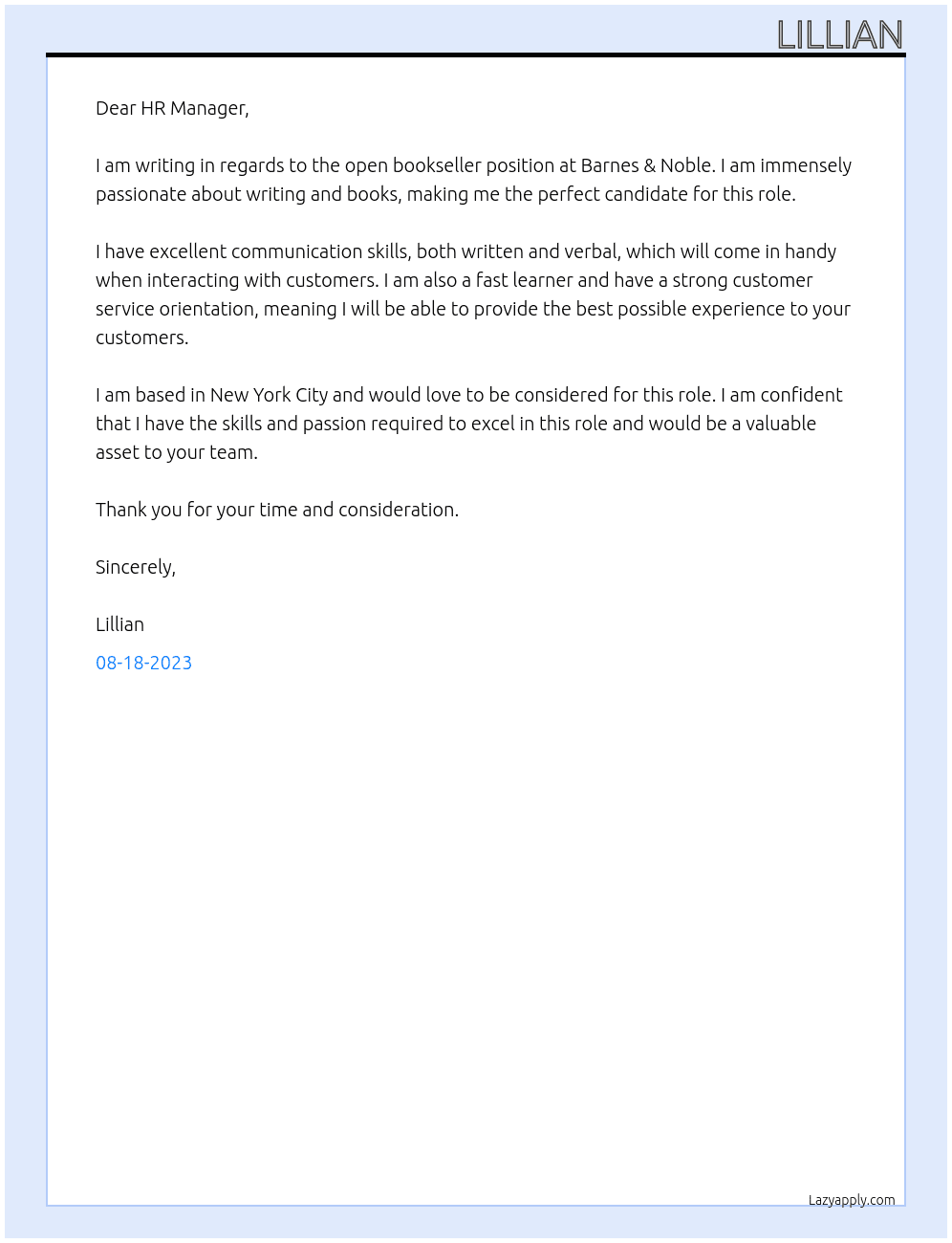 Bookseller At Barnes & Noble Cover Letter
