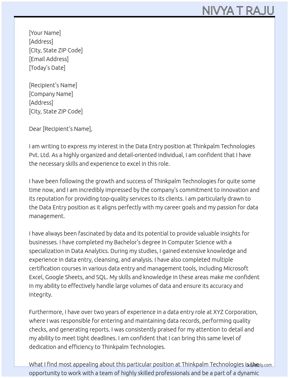 Data entry  At Thinkpalm Technologies Pvt.Ltd Cover Letter