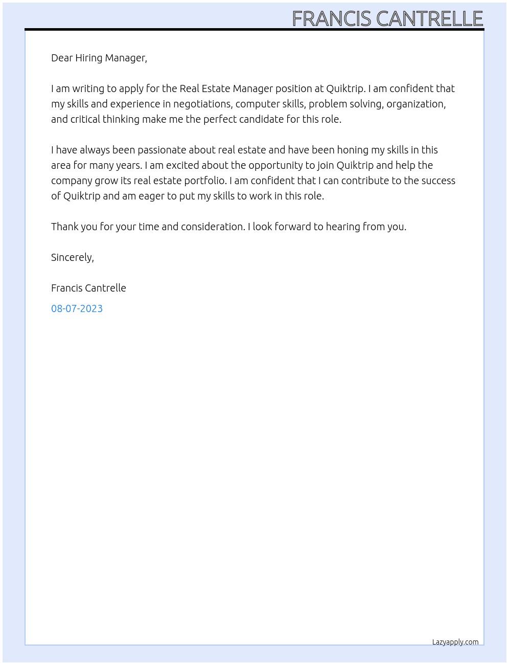 Real estate manager At Quiktrip Cover Letter