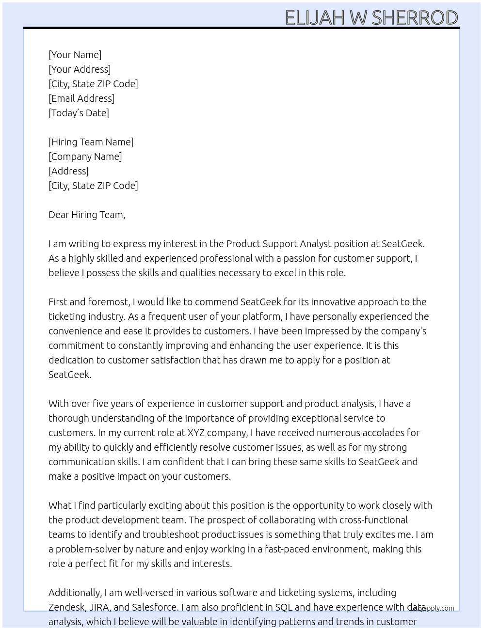 Product Support Analyst At Seat Geek Cover Letter