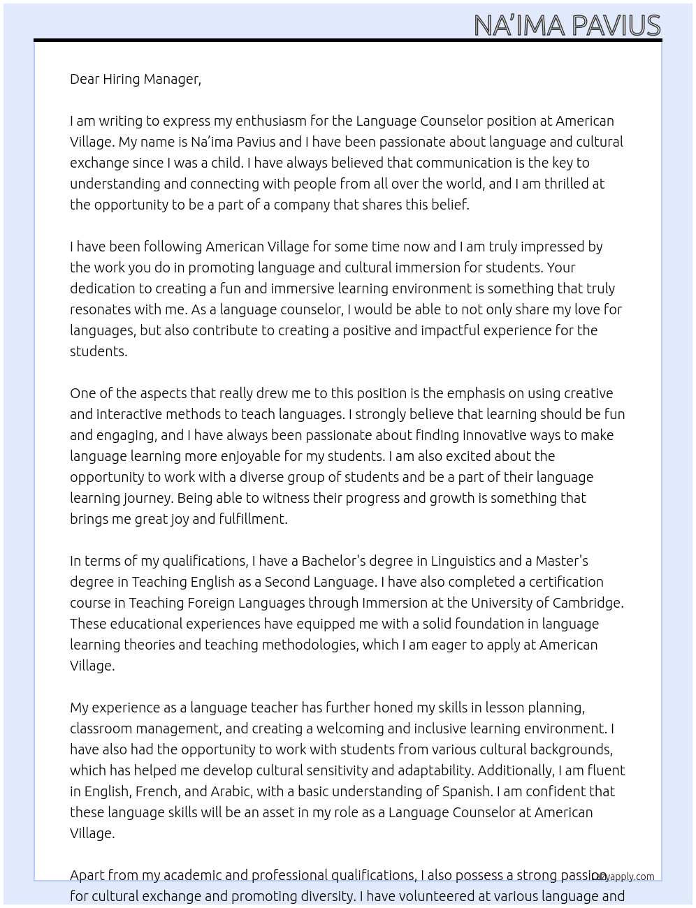 Cover letter for language counselor - LazyApply