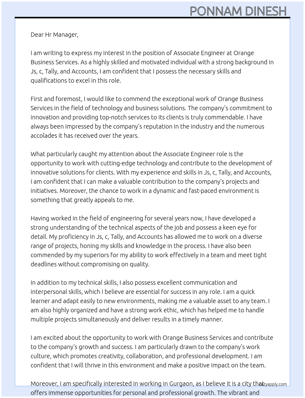 Associate Engineer  At Orange business services  Cover Letter
