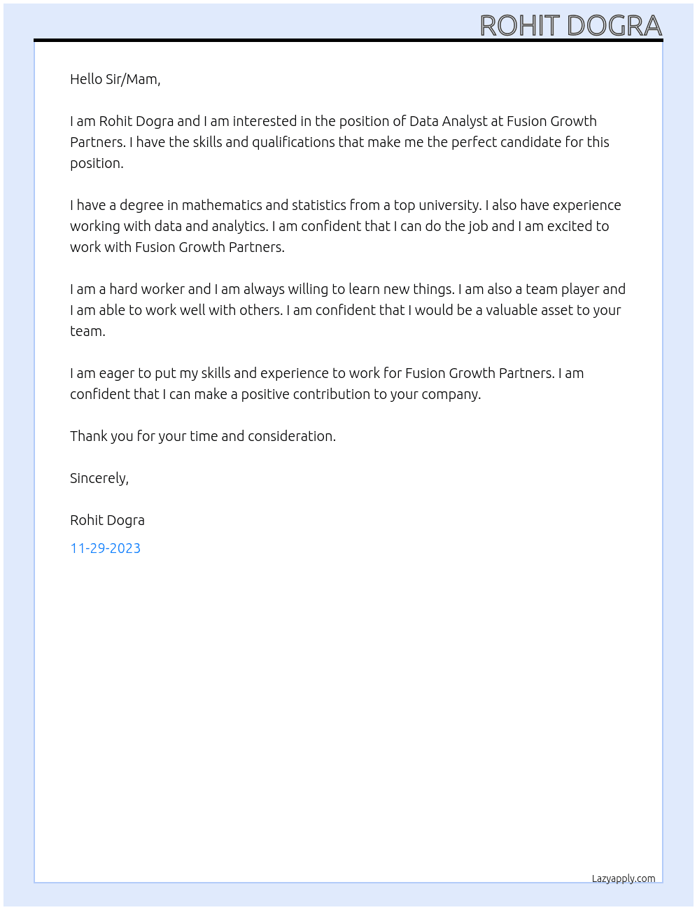 Data Analyst At Fusion Growth Partners Cover Letter