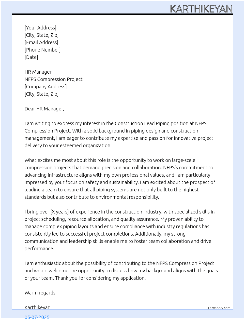 construction lead piping At nfps compression project Cover Letter