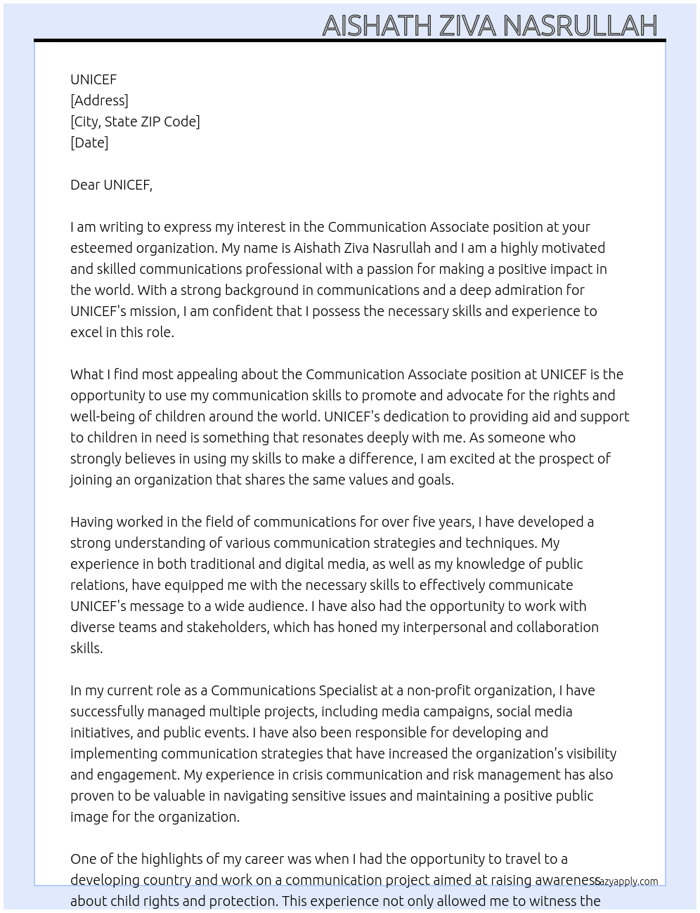 Communication Associate  At UNICEF Cover Letter