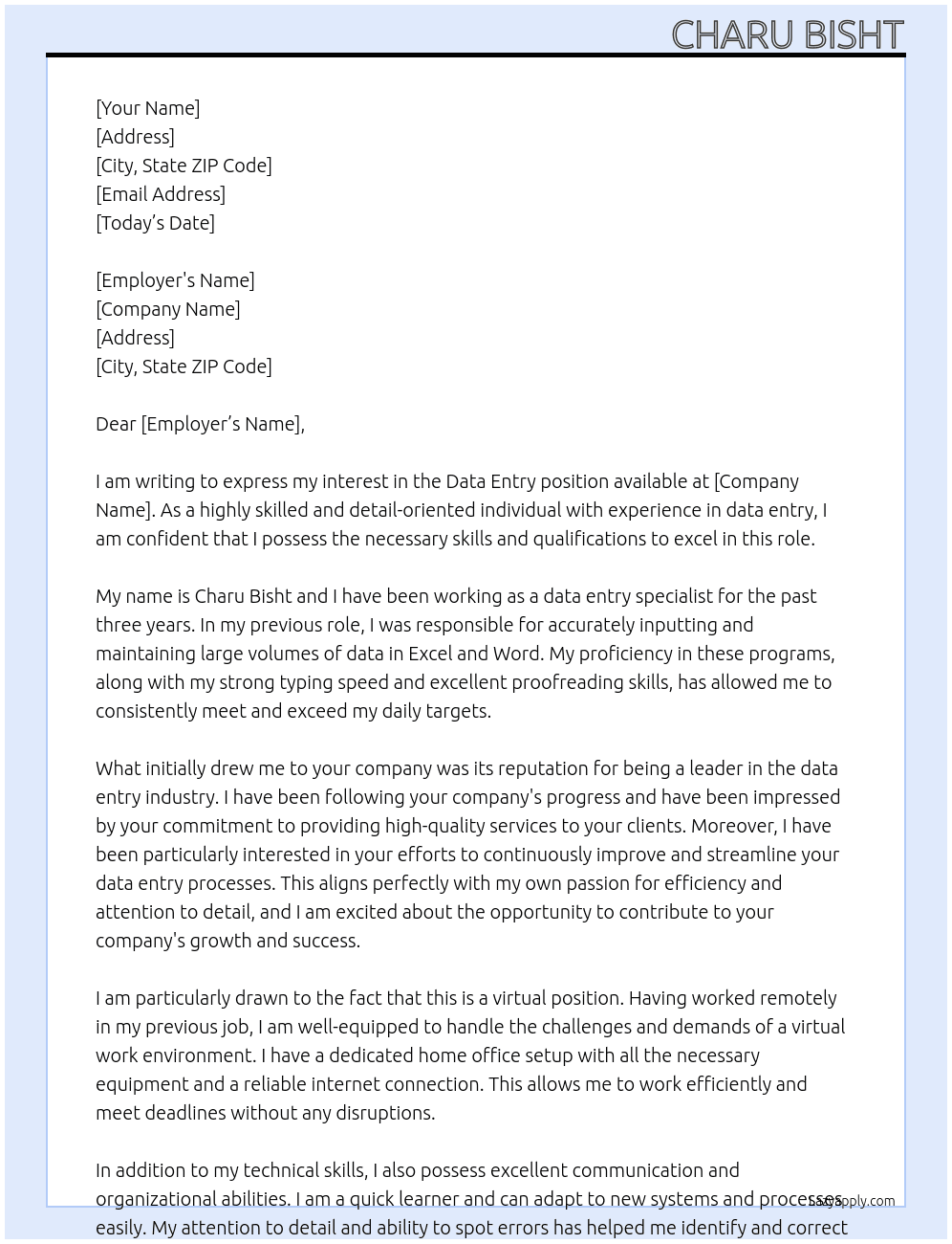 Data Entry At data entry Cover Letter