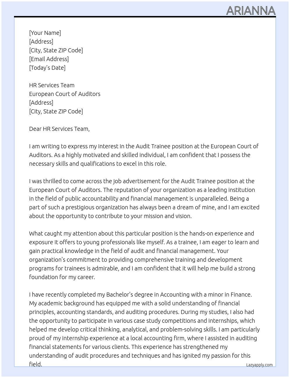 Audit trainee At European Court of Auditors Cover Letter