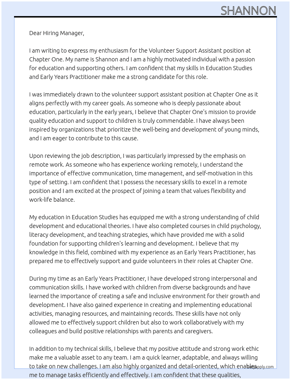 Cover letter for volunteer support assistant - LazyApply