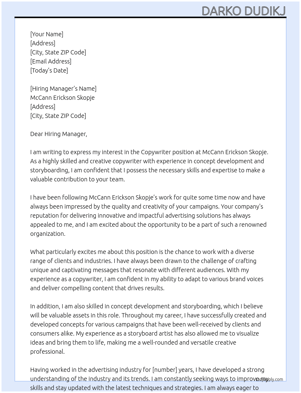 Copywriter At McCann Ericson Skopje Cover Letter