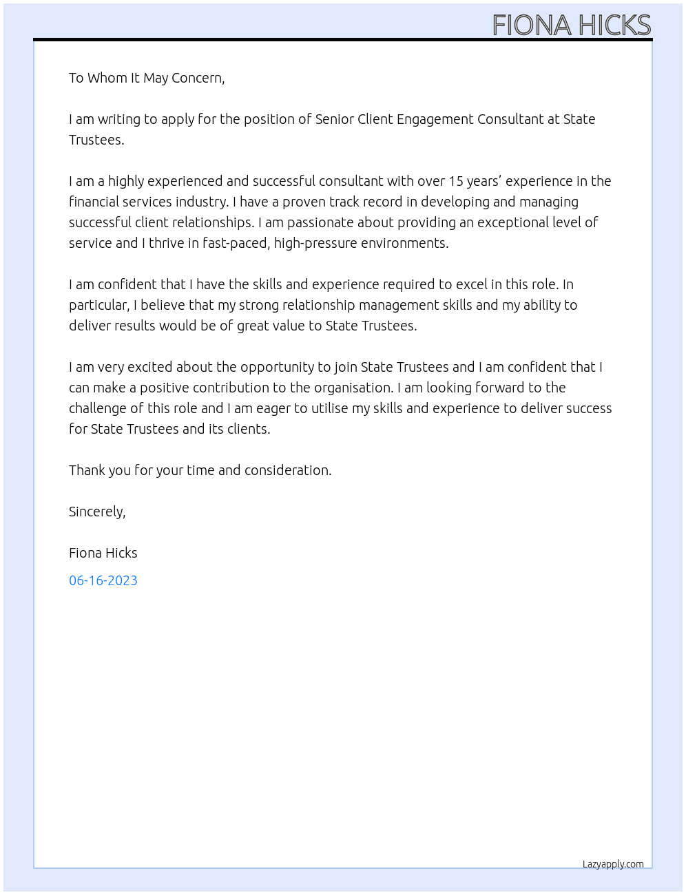 Senior Client engagement consultant At State trustees Cover Letter