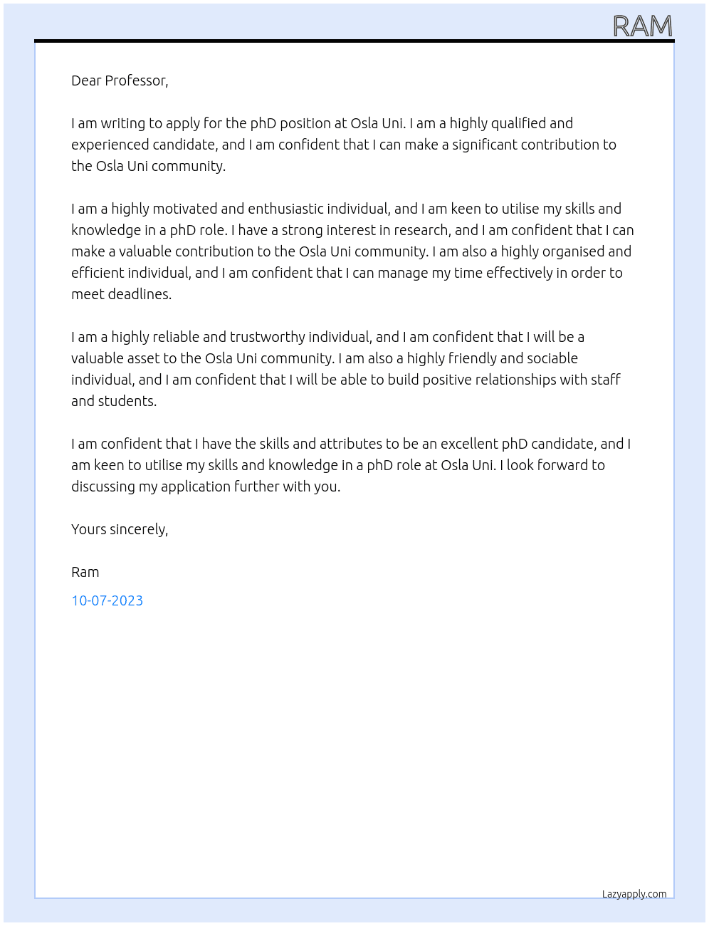 phd position At osla uni Cover Letter