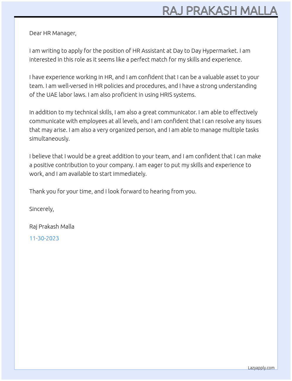 Hr assistant At Day to day Hypermarket Cover Letter
