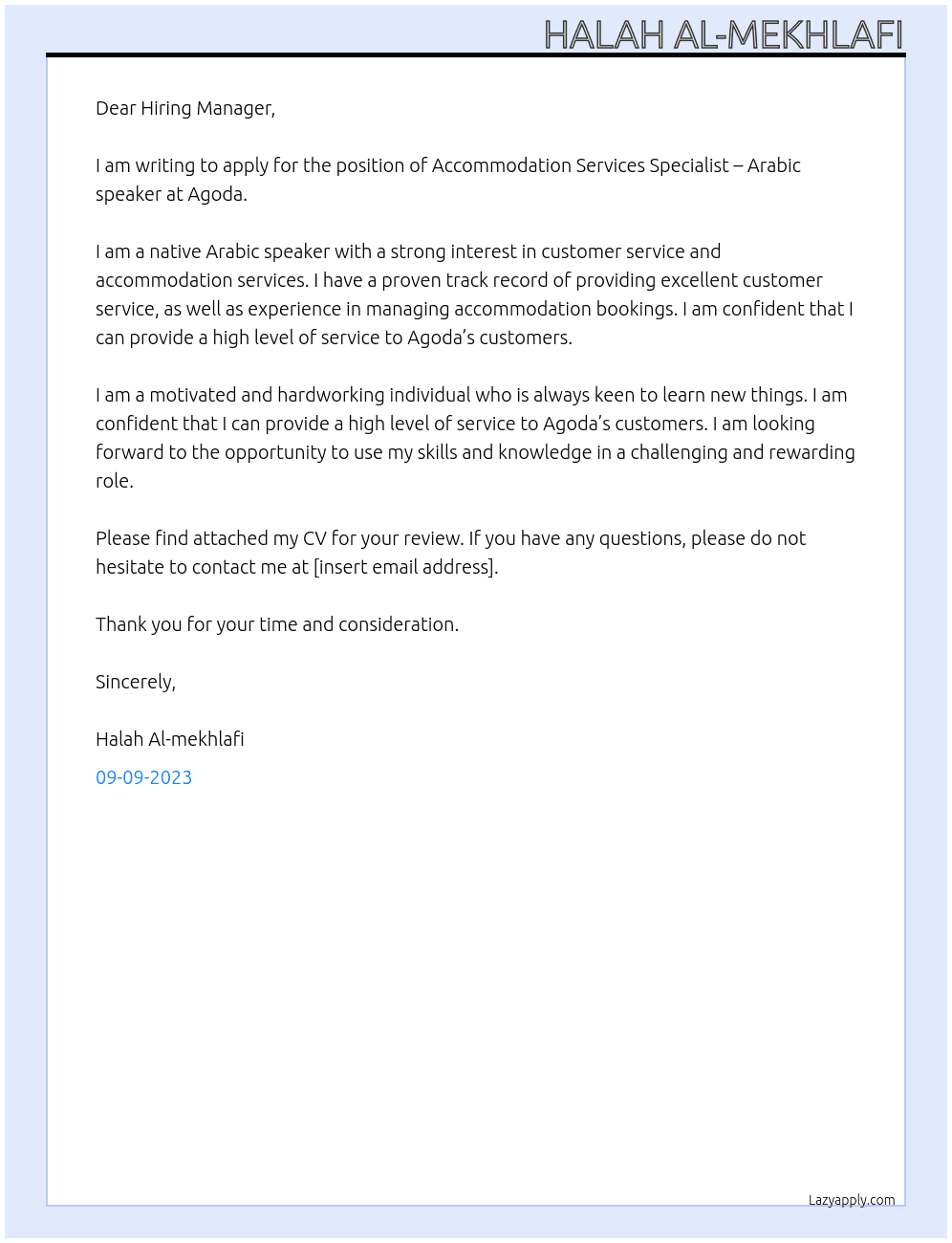 Accommodation Services Specialist – Arabic speaker  At Agoda  Cover Letter