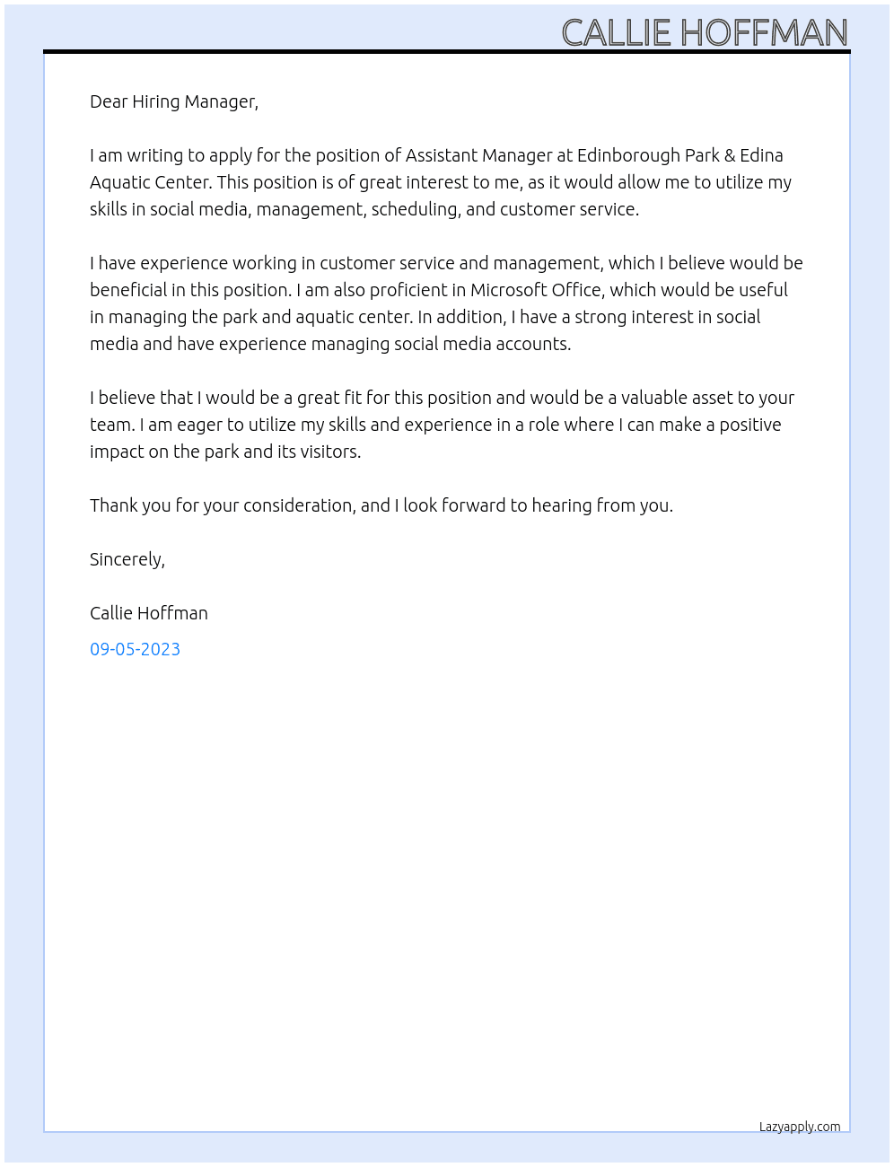 Assistant Manager  At Edinborough Park & Edina Aquatic Center Cover Letter