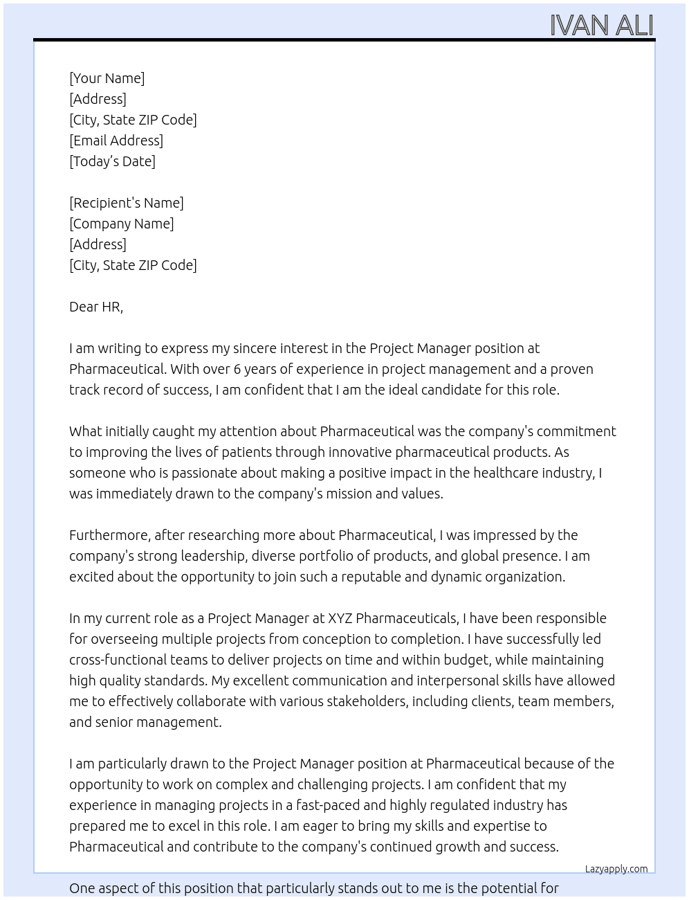 Project Manager At Pharmaceutical Cover Letter