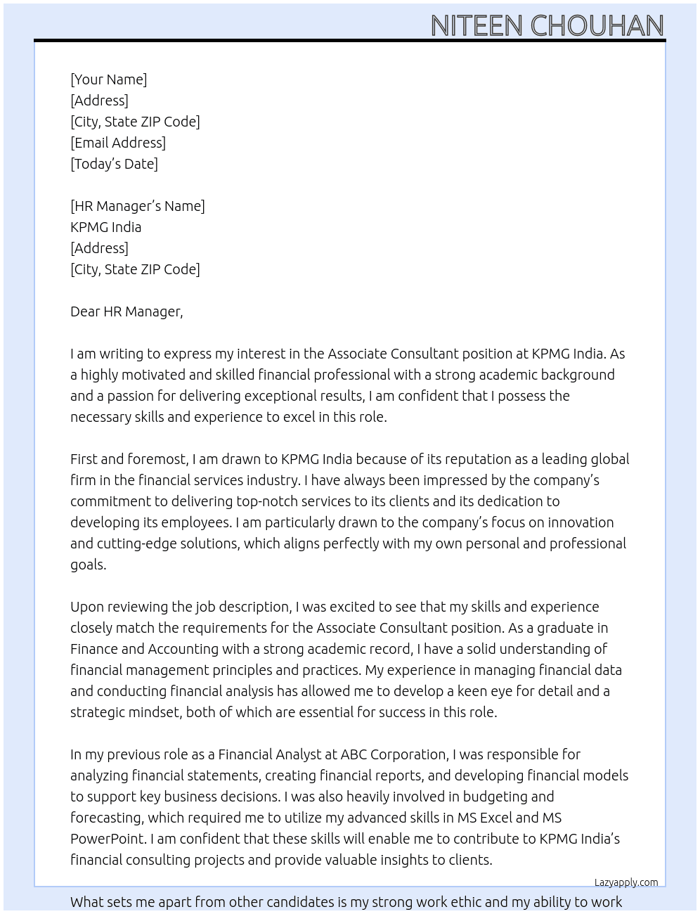 Associate Consultant At KPMG India Cover Letter