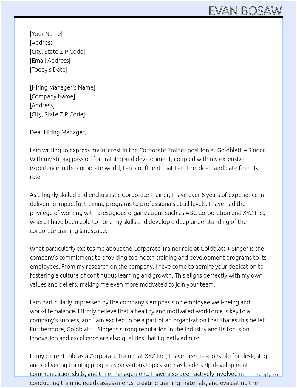 Corporate Trainer At Goldblatt + Singer Cover Letter