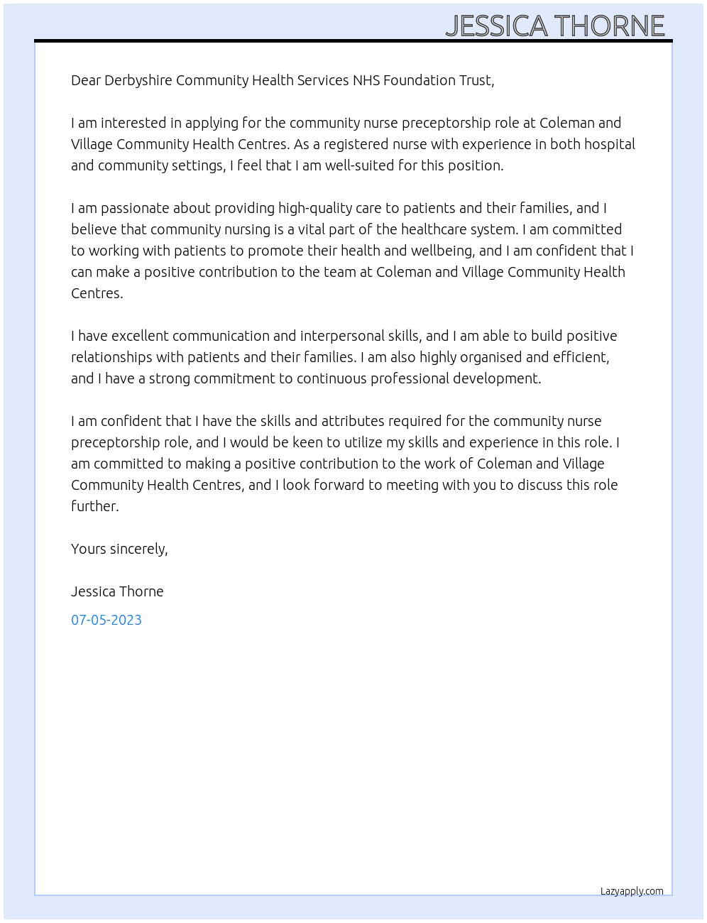 Nurse  At Derbyshire Community Health Services NHS Foundation Trust  Cover Letter