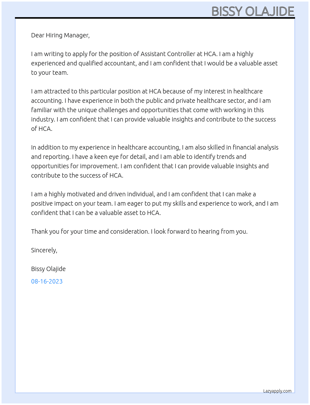 Assistant Controller At HCA Cover Letter
