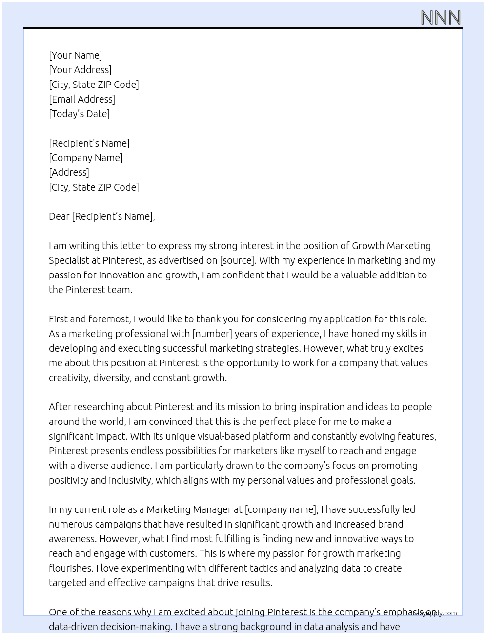 growth marketing specialist At Pinterest Cover Letter