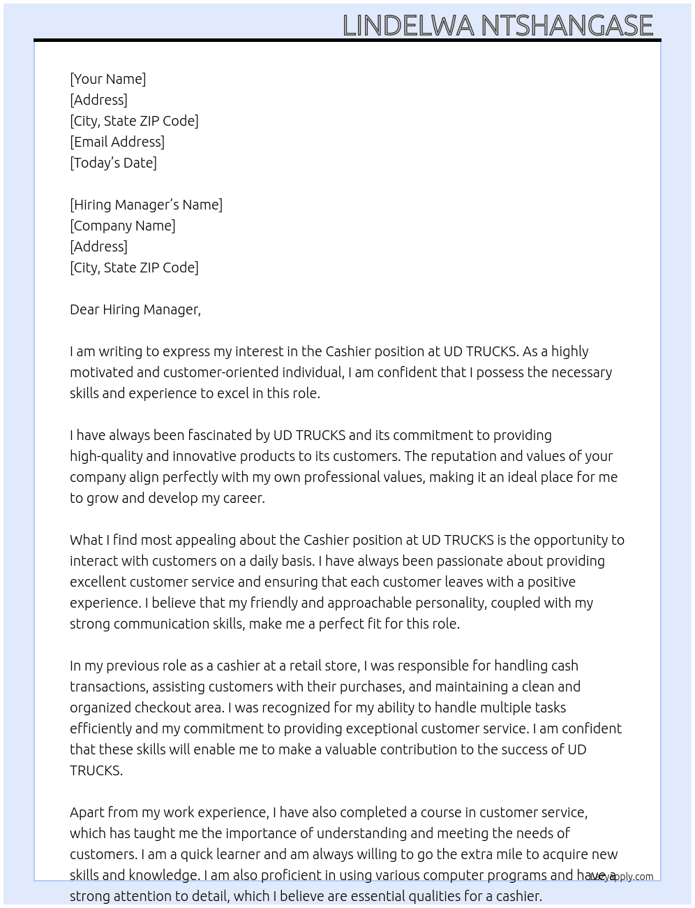 Cashier At UD TRUCKS  Cover Letter