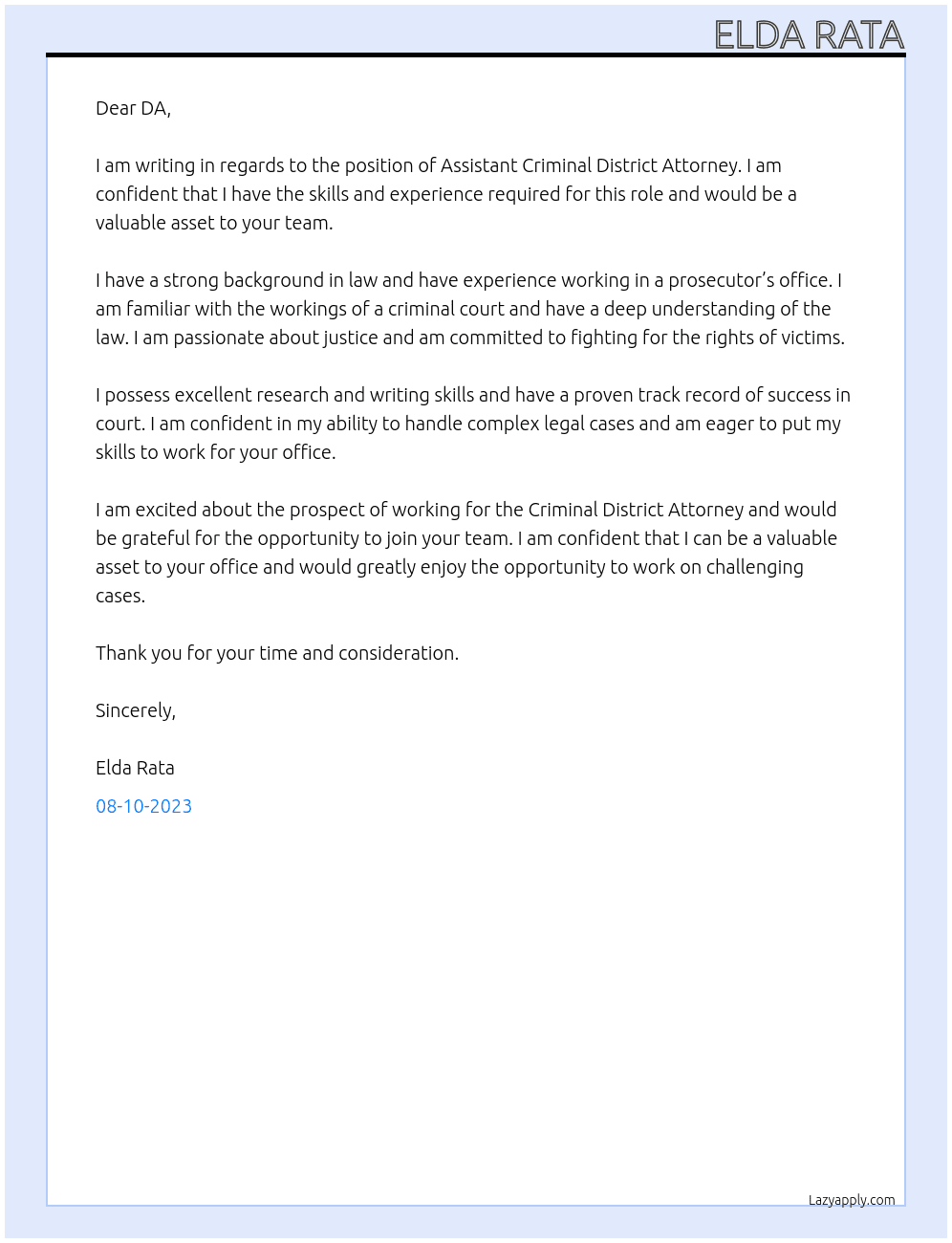 ASSISTANT CRIMINAL DISTRICT ATTORNEY At Criminal District Attorney Cover Letter