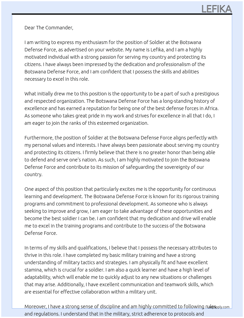 Soldier  At Botswana defense force Cover Letter