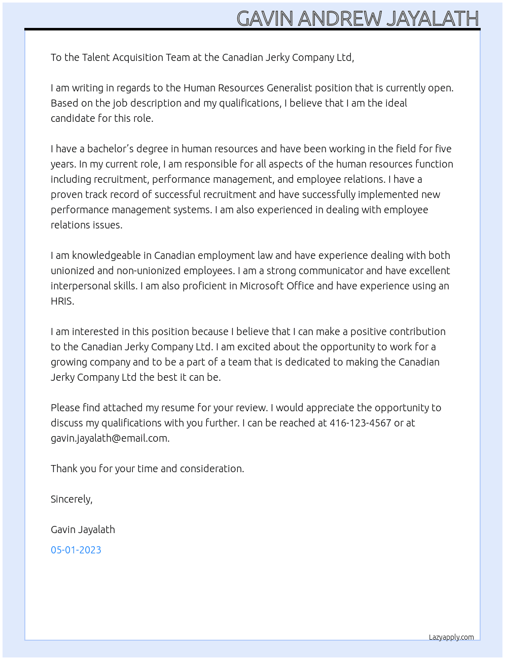 Human Resources Generalist At Canadian Jerky Company Ltd Cover Letter