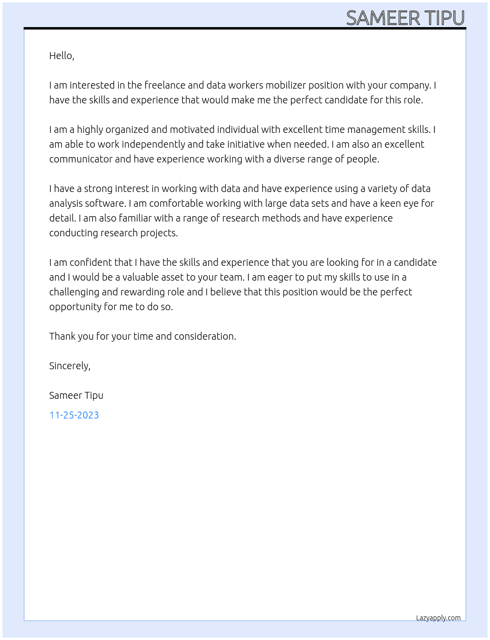 Freelance and Data workers mobilizer At Administrative Support Cover Letter