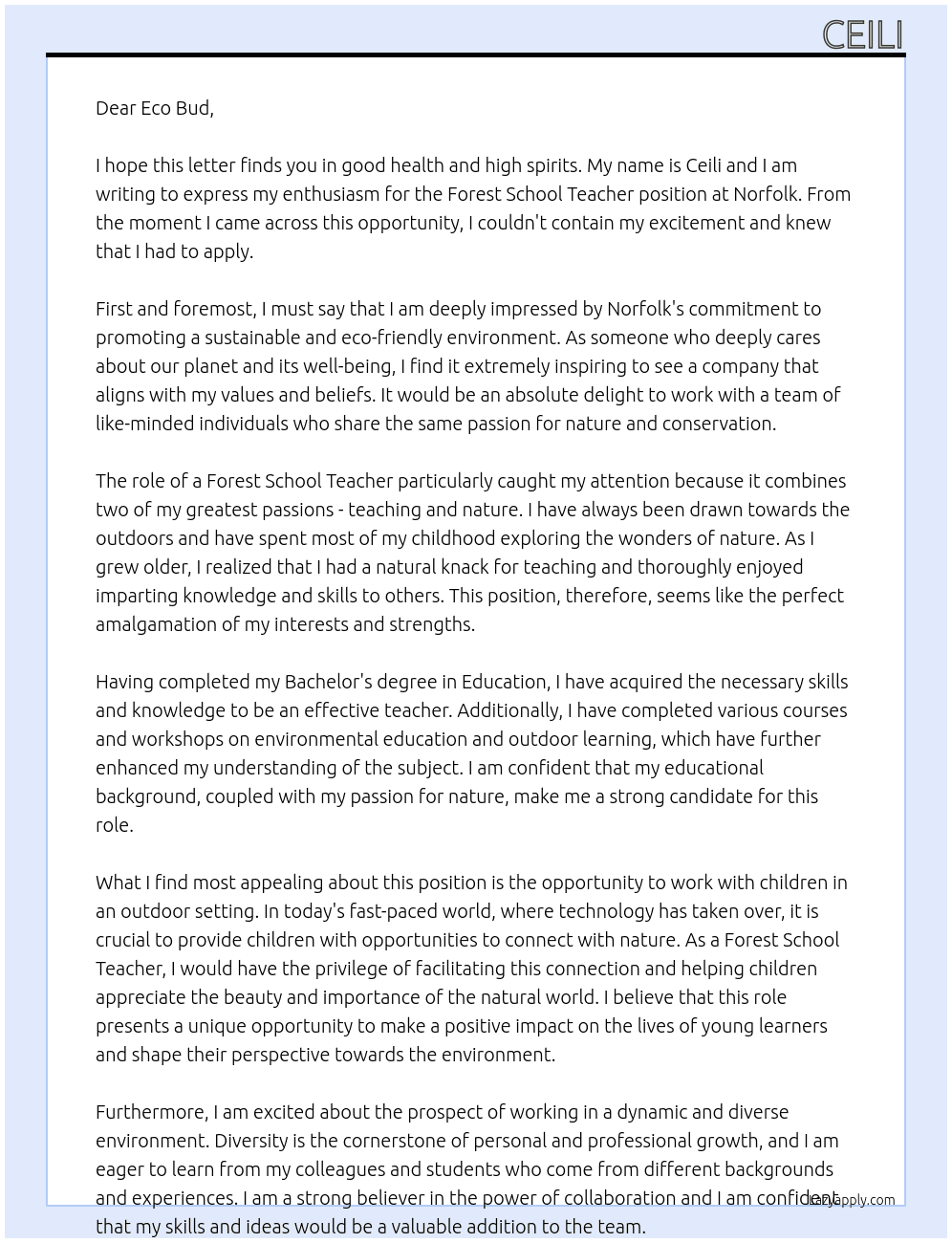 Forest School Teacher At Norfolk Cover Letter