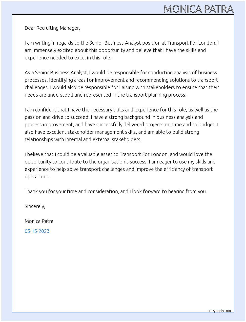 Senior Business Analyst  At Transport For London Cover Letter