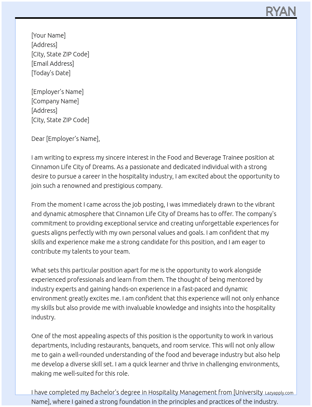 Food And Beverage trainee At Cinnamon Life city of dreams Cover Letter