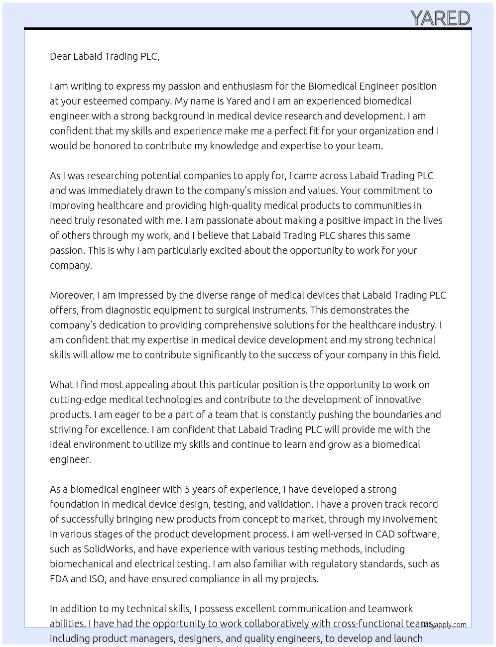 Biomedical Engineer At Labaid Trading PLC Cover Letter