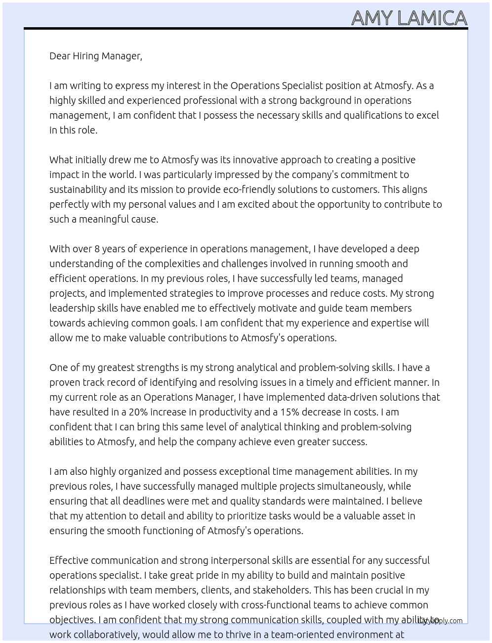 Operations Specialist At Atmosfy Cover Letter